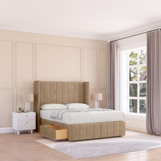 Sloomy Melbourne Naples Wingback Bed Set, No Drawers & 54 Floor Standing Headboard in Light Brown | Size: Small Single