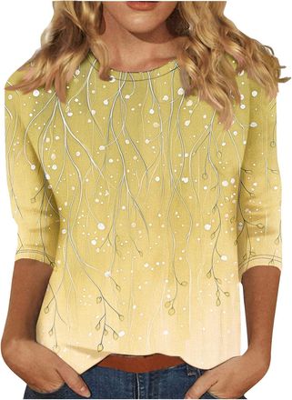 Generic Womens t-Shirts Boho Tops for Women UK Loose Fit 3/4 Sleeve Crewneck Shirts Vintage Print Blouse Slim Fit Beach Vacation Yellow Womens t Shirts Size 1