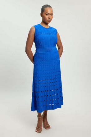 Karen Millen Womens Plus Size Knit Stitch Detail Sleeveless Midi Dress - Blue Viscose - Size X-Large