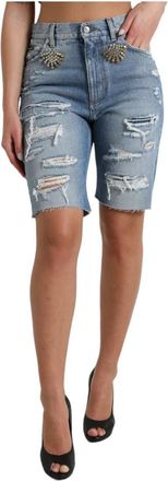 Dolce & Gabbana Hoge taille versierde Bermuda denim shorts - Dames - Denim shorts - Blauw - S - Denim - Korte Broeken