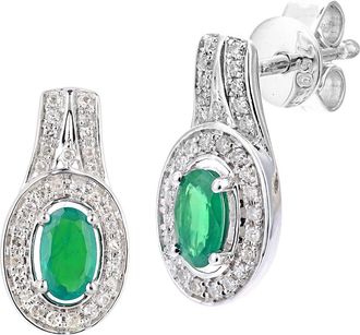 Jewelco London 18ct White Gold Diamond Oval 1/2ct Emerald Cluster Drop Earrings - DE1AXL609W18EM