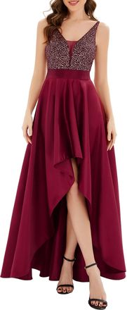 Ever-pretty Womens V Neck Elegant A Line Hi-Low Empire Waist Satin Skirt Long Evening Gowns Dresses with Sequin Burgundy 18UK