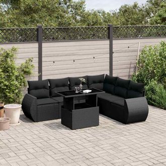 vidaXL Set De Sof&aacute;s De Jard&iacute;n 7 Pzas Con Cojines Rat&aacute;n Sint&eacute;tico Negro Vidaxl
