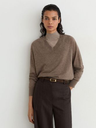Reiss Mocha Brown Merino Wool V-neck Jumper, XS