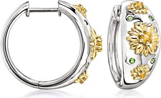 Ross-Simons Chrome Diopside and. Citrine Flower Hoop Earrings in Sterling Silver and 18kt Yellow Gold Over Sterling