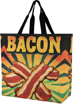 Generic Vintage Bacon Reusable Shopping Bags One Shoulder Grocery Tote Bag Waterproof Big Purse for Work Travel