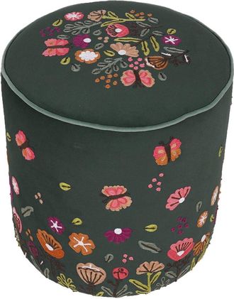 LR Home Lr Home Dahlia Velvet Floral Embroidered Handmade Ottoman