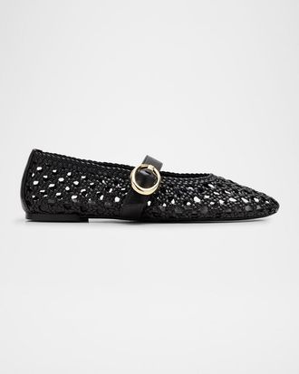 Stuart Weitzman Thea Woven Leather Mary Jane Ballerina Flats