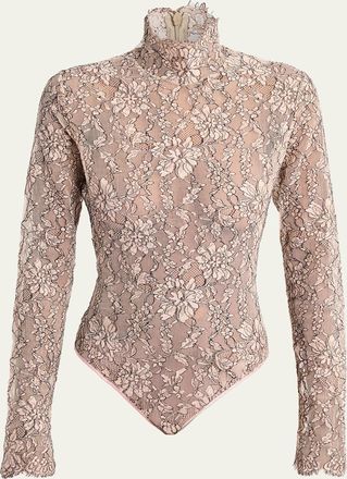 Valentino Garavani Mock-Neck Lace Jersey Long-Sleeve Bodysuit