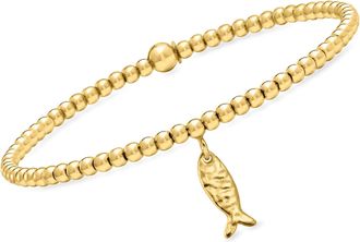 RS Pure by Ross-Simons Italian 3mm 18kt Gold Over Sterling Bead Stretch Bracelet With Fish Charm