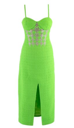 DAVID KOMA Crystal-embellished neon wool-blend boucl&eacute; midi dress Size S