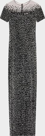 Pamella Roland Leopard Sequined Off-The-Shoulder Illusion Gown