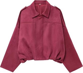 Generic Womens Puff Bomber Jackets Zip Up Lightweight Casual Batwing Sleeve Collared Coats Ladies Outerwear Pleated Outerwear (Z01-Hot Pink, L)
