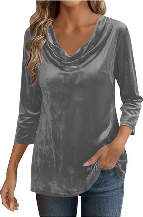 Generic Velvet Top for Women UK 3/4 Sleeve Drape Ruched Front Blouses Cowl Neck T Shirts Ladies Casual Slim Fit Sweatshirts Baggy Dressy Tunic Tops Lightweigh