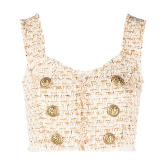 Balmain Tweed Cropped Top Multicolor Casual Stijl - Dames - Tops zonder mouwen - Beige - M - Tweed - Tops