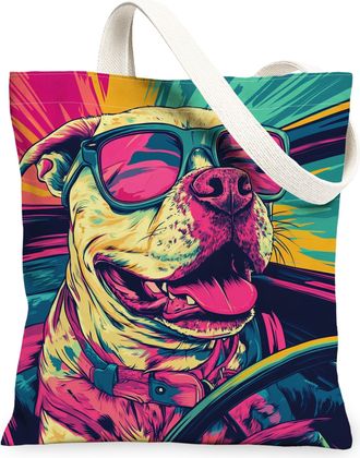 Generic Pitbull Dog Canvas Tote Bag for Shopping 13x15, Pop Aesthetic Funky Puppy Reusable Grocery Print Pattern Bag for Women, Cool Pet Beach Aesthetic Paint