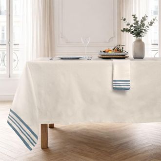 Febronie Mantel + 8 servilletas algod&oacute;n 180x350 beige lino / azul petr&oacute;leo
