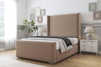 Comfort Beds Madrid Plush Bed Frame - 50 Upholstered Wingback Headboard in Taupe | Size: Double