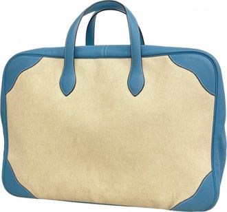 Herm&egrave;s Blue Jean Taurillon Clemence Leather Toile H Boston Bag (Pre-Owned)