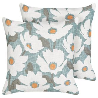 Beliani Beliani - Conjunto De 2 Cojines Boho De Algod&oacute;n Con Dise&ntilde;o Floral Hecho A Mano Funda Extra&iacute;ble 45 X 45 Cm Azul Jatropha