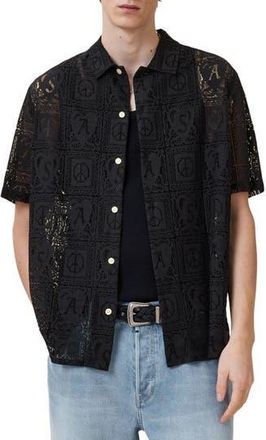 AllSaints Netley Lace Short Sleeve Button-Up Shirt in Black at Nordstrom Rack, Size Medium