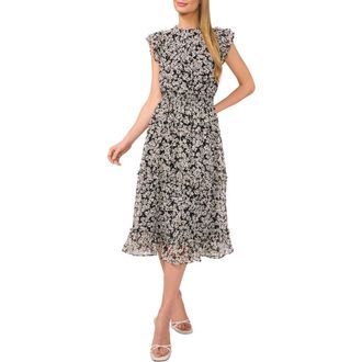 CeCe by Cynthia Steffe Floral Flutter Sleeve Smocked Midi Dress in Rich Black at Nordstrom Rack, Size Large