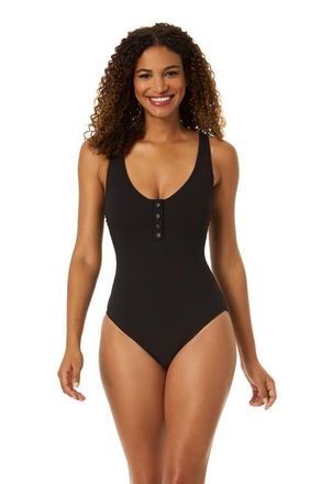 Anne Cole Womens Luna Snap Solid Scoop Neck Halter One Piece Swimsuit in Luna Snap Black at Nordstrom, Size 10