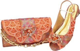 Generic Womens Italian Design Mid Heel Hollow Pointed Toe Shoes and Banquet Bag Set for Party Orange