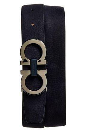 Ferragamo Double Gancio Pebbled Leather Belt in Navy Naturale at Nordstrom, Size 115