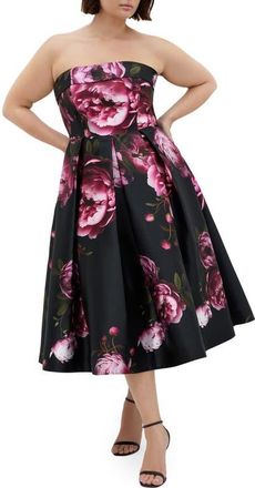 City Chic Tiffany Bloom Strapless Cocktail Dress in Multi Bloom at Nordstrom, Size 20W