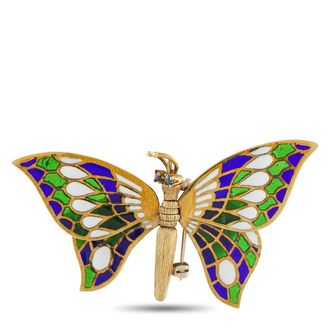Luxury Bazaar Vintage 14K Yellow Gold Plique-Jour Butterfly Brooch MF08-062626