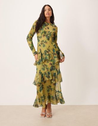 Asos Vestito lungo a maniche lunghe in chiffon verde a fiori con volant-Multicolore