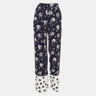 Carolina Herrera Blue Floral Printed Crepe Wide-Leg Pants