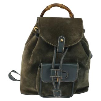 Gucci Vintage Bamboo Backpack Suede Khaki Suede Backpack Bag (Pre-Owned)