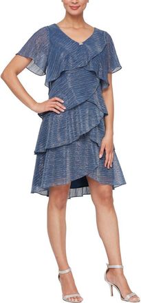 S.L. Fashions Tiered Shimmer Metallic Flutter Sleeve Dress in Wed at Nordstrom, Size 14