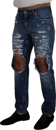 Dolce & Gabbana Blue Cotton Tattered Men Denim Jeans Elastane Clothing