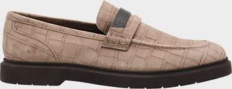 Brunello Cucinelli Croc-Embossed Suede Monili Penny Loafers