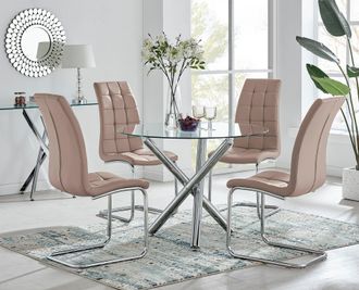 Furniturebox Selina Round Glass Chrome Leg Dining Table & Murano Chairs in Beige | Size: 4 Person