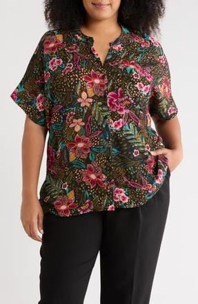 T Tahari Elbow Sleeve Button-Up Shirt in Hawaii After Dark at Nordstrom Rack, Size 2X