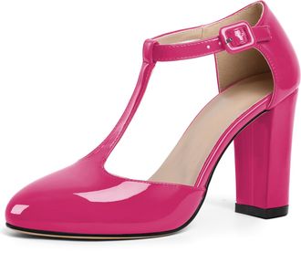 EDEFS Womens Hot-Pink Patent Mary Jane Heels with T Strap 3.5 Inch Block Heel Court Shoes Closed Toe Dress Heels for Party Wedding and Work UK2