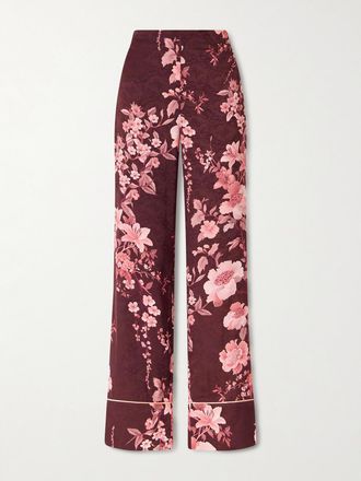 Borgo De Nor Pantaloni In Crêpe De Chine Jacquard Floreale Con Finiture In Raso Havana - Rosso