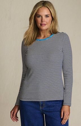 Lands End Plus Size Long Sleeve Micro Rib T-Shirt in Deep Sea Navy Tiny Stripe at Nordstrom, Size 1 X