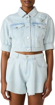 Steve Madden Serafina Short Sleeve Crop Denim Jacket in Sulphur Spring at Nordstrom, Size X-Small