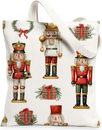 Generic Vintage Nutcracker Canvas Tote Bags, Festive Holiday Design Reusable Grocery Bags, Lightweight Washable Shoulder Strap Canv, White, 13x15 Inch