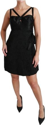 Dolce & Gabbana Wikkel Mini Jurk Met Structuur Satijnen Lichaam - Dames - Feestkleedjes - Zwart - XL - Satijn - Kleedjes