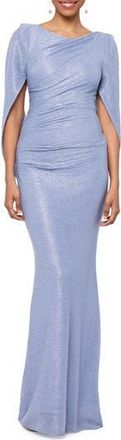 Betsy & Adam Cape Sleeve Metallic Crinkle Gown in Blue/silver at Nordstrom Rack, Size 10