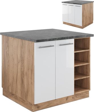 Vicco Isla De Cocina Fame-line, Blanco Brillo Intenso/roble Dorado, 90 Cm Sin Encimera