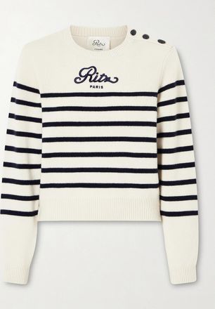 Frame Denim + Ritz Paris Pullover In Cashmere A Righe Con Logo Ricamato - Crema
