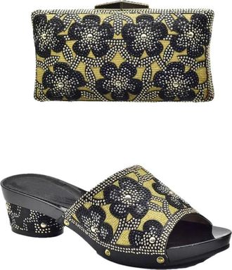 Generic Womens Shoes and Bag Set Sparkly Rhinestone Flowers Handbag Shiny Elegant Slip On Sandals for Evening Party Wedding