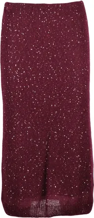 Nude Red Polyester Elasticated Rhinestone Knit Midi Skirt